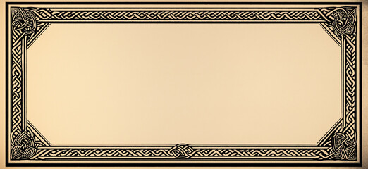 Black intricate viking inspired border design framing old parchment background, creating antique, historical feel.