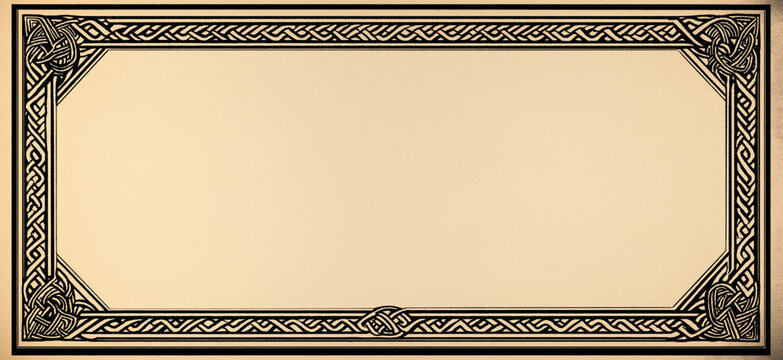 Black intricate viking inspired border design framing old parchment background, creating antique, historical feel.