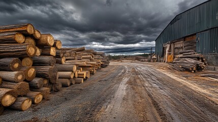 Fototapeta premium Large Stack of Cut Logs in Timber Yard Under Cloudy Sky. Deforestation and Logging Industry: Massive Wood Storage .