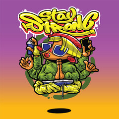 A colorful and dynamic graffiti cartoon character with exaggerated facial expressions, urban fashion, and stylish accessories. This vector illustration is ideal for T-shirt prints, merchandise, and di