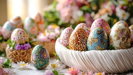 Colorfully decorated Easter eggs displayed in a basket, surrounded by flowers and a festive spring atmosphere. Concept Easter Egg Decoration, Spring Atmosphere, Festive Floral Arrangements
