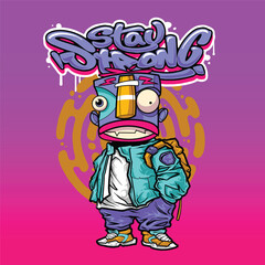 A colorful and dynamic graffiti cartoon character with exaggerated facial expressions, urban fashion, and stylish accessories. This vector illustration is ideal for T-shirt prints, merchandise, and di