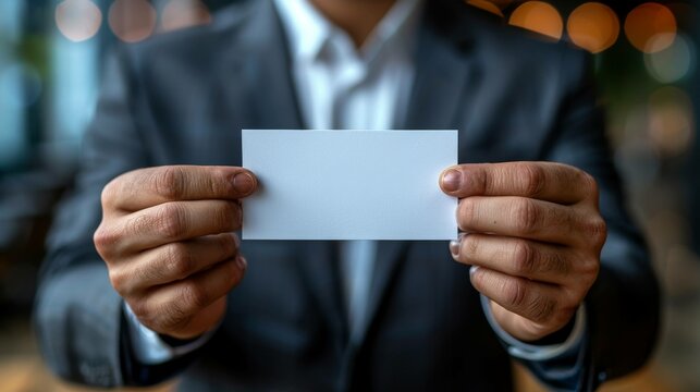 A man is holding a white business card in his hand