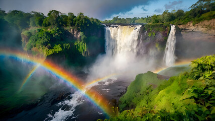 A powerful waterfall with a vivid rainbow forming in the mist, surrounded by lush greenery