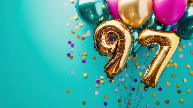 Celebration of 97th birthday with colorful balloons, confetti, party decorations, joyful atmosphere, milestone event, festive party, fun memories, joyful gathering.