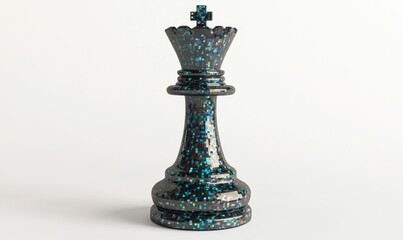 Obraz premium Black queen chess piece with blue sparkles on white background for game or strategy visuals