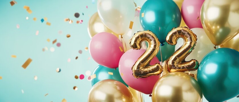 Celebrate New Years Eve with vibrant balloons, sparkling confetti, and 22 golden number, perfect for parties, countdowns, festive decor, celebrations, and joy.