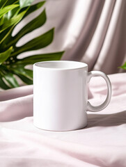 clean, white mug sits elegantly soft pink fabric, surrounded by lush green leaves, creating