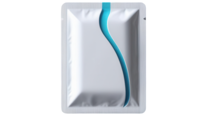 Condom package with blue line on a black background.