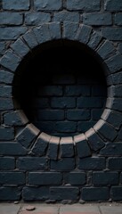 Neatly cut circular hole in solid black brick wall, light penetrates , perforation, background
