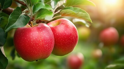 Obraz premium Fresh red apples hanging from a tree branch with sunlight filtering through. Organic farming and healthy food