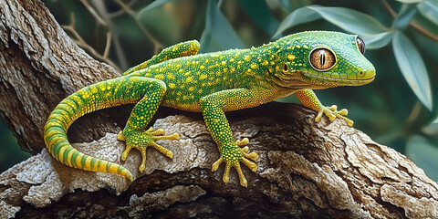 Fototapeta premium Vibrant green lizard with intricate patterns on a tree branch