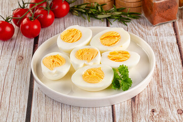 Boiled chicken eggs with bright yolk