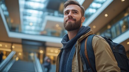 Fototapeta premium A young man with a beard, dressed casually, gazes upwards with a smile while surrounded by contemporary architecture in a lively urban setting, suggesting a sense of wonder and adventure