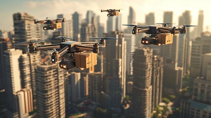 Modern urban scenes depict drone delivery services, highlighting the efficiency of unmanned aerial vehicles transporting packages.
