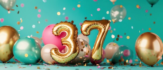 Balloon decoration with golden number 37, colorful confetti, party theme, birthday celebration, festive atmosphere, joyful occasion, vibrant backdrop, fun event.