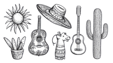 Traditional Mexican culture elements isolated on white background 