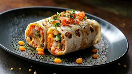 A tantalizing sushi burrito blends fresh vegetables, succulent chicken, and zesty flavors in a unique wrap. This culinary creation celebrates fusion cuisine with every delicious bite.