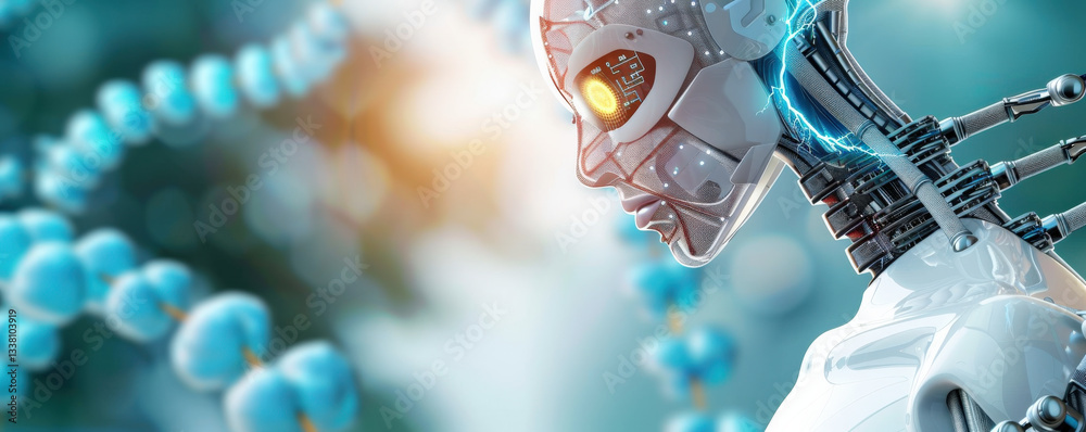 Leinwandbilder futuristic robot with glowing eye and intricate mechanical details is set against blurred background