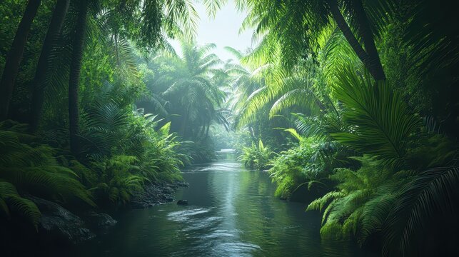 Lush tropical rainforest with a serene river flowing through vibrant greenery and misty atmosphere