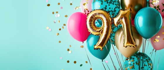 91st birthday celebration with colorful balloons, confetti, anniversary party decor, joyful atmosphere, family gathering, festive event, milestone birthday.
