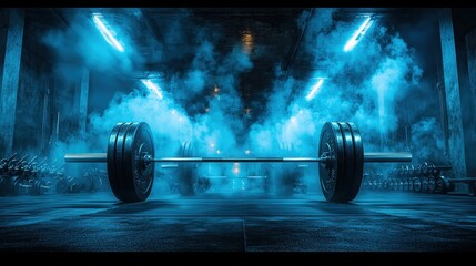 A dramatic barbell rests on a foggy gym floor, illuminated by blue lights, creating a powerful atmosphere.