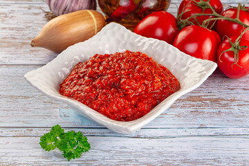 Bulgarian traditional lutenica pepper sauce