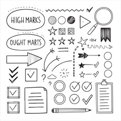 Set of doodle highlight rectangles. Collection of pencil  sketch elements of squares and marks isolated on transparent background.