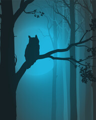 Vector night landscape with an owl in the forest against the moon