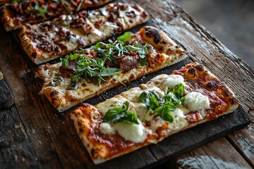 Celebrate National Pizza Party Day with mouthwatering close-ups of cheesy slices adorned with vibrant toppings on a rustic wooden table, perfect for food enthusiasts.