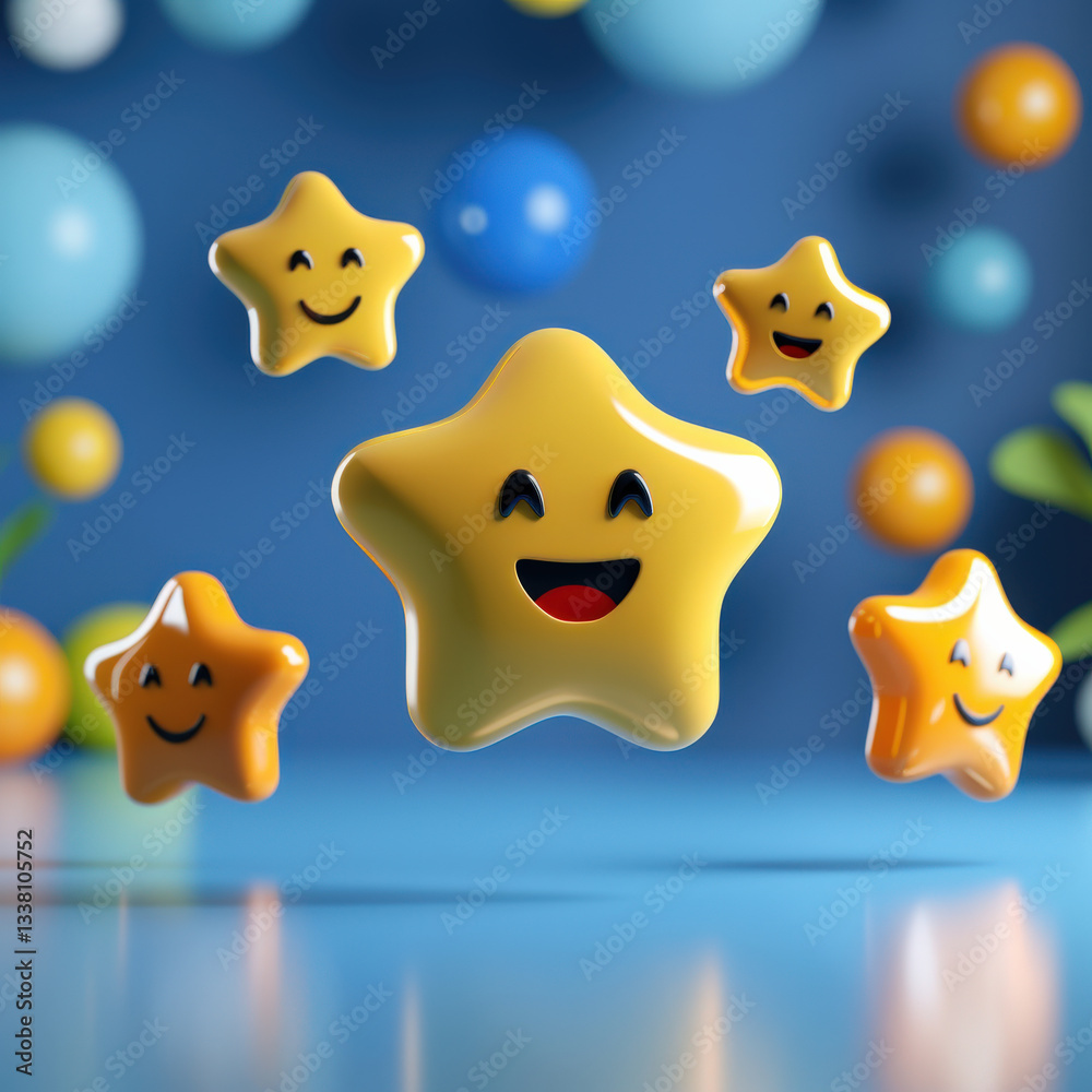 Fototapete Cheerful yellow stars with smiling faces float against vibrant blue background, creating playful and joyful atmosphere. scene is filled with colorful spheres adding to lively mood