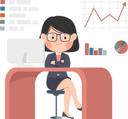 Businesswoman sitting in a chair thinking in the workplace cartoon