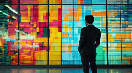 Man in Suit Standing Before Colorful Abstract Wall Art Display