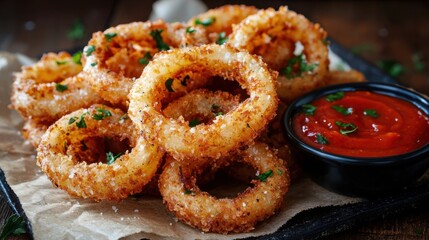 Crispy golden onion rings served with a side of tangy dipping sauce, perfect for appetizers or snack time.