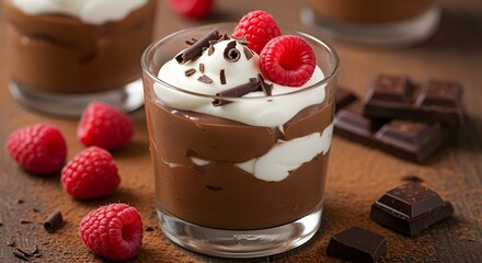 A close-up shot features a glass filled with a rich chocolate dessert, topped with a swirl of white cream, two vibrant raspberries, and chocolate shavings