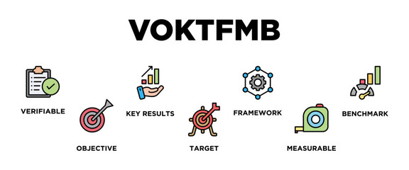 VOKTFMB banner web icon vector illustration concept with icon of verifiable, objective, key results, target, framework, measurable, benchmark, 