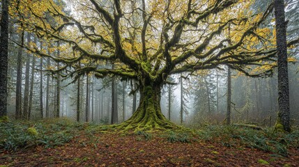 Obraz premium Majestic ancient tree with sprawling branches surrounded by misty forest and autumn foliage