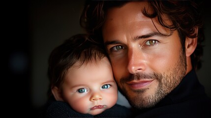 Loving father cradles baby, intimate portrait, dark background