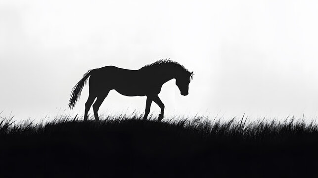 Black and white silhouette style: A lone horse on the prairie