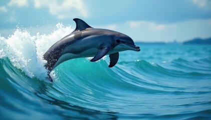 Naklejka premium Playful bottlenose dolphin leaps from ocean wave , happy, underwater