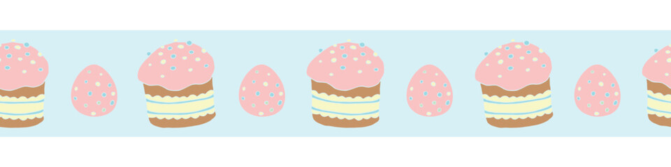 Vector edging, ribbon, border from Easter cake, sweet bread or Paska and eggs. Cute seamless pattern, ornament, decorative element with traditional food in flat style