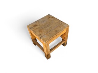 A small wooden table is placed on a white floor.