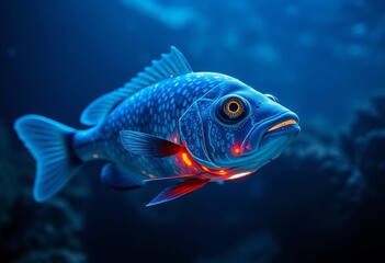 Fototapeta premium A luminous aquatic creature, exhibiting bioluminescent patterns, swims gracefully through the deep ocean's tranquil depths.
