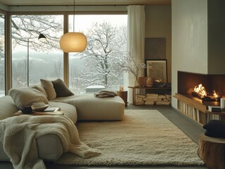 Fototapeta premium Cozy modern living room interior with fireplace and snowy view