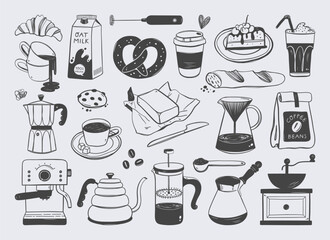 Coffee elements set. Coffeehouse stuff, machine, grinder, kettle, cezve, brewing tools, paper cup, mugs, bakery.