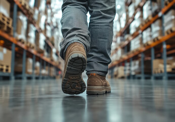 Close-up view of a worker's shoes on the polished floor of a warehouse filled with shelves of inventory during regular work hours