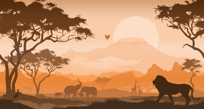 horizontal seamless background with africa nature. Landscape with Mount Kilimanjaro. All animals and trees are isolated - you can clean and move them. vector illustration	