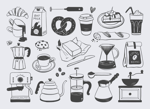 Coffee elements set. Coffeehouse stuff, machine, grinder, kettle, cezve, brewing tools, paper cup, mugs, bakery.