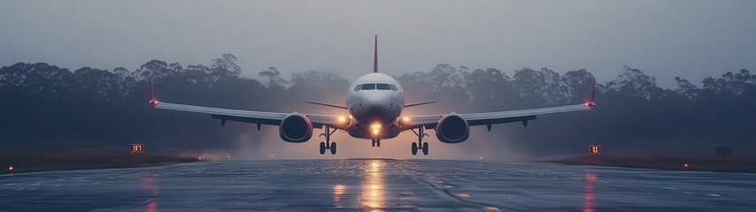 Airplane landing in rainy weather conditions.
