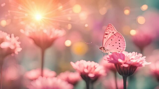 pink butterfly flying near flowers on sunlight. Mockup with copy space